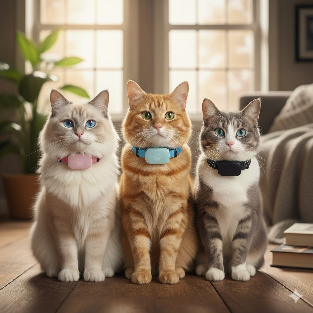 Grote banner afbeelding van drie katten met een TrackYourCat™ halsband, zittend in een woonkamer